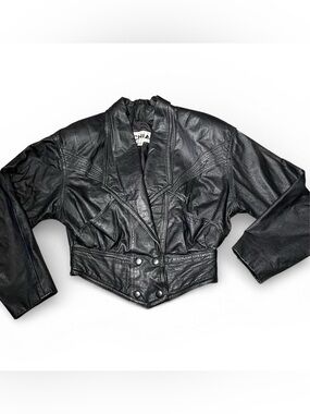 Chia Black Leather Moto Biker Jacket 80s Vintage Retro Button Waist Cropped XS